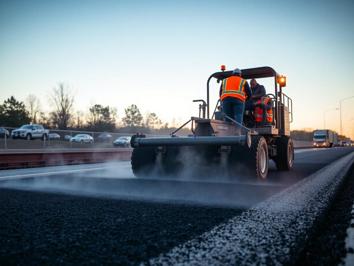 Asfaltläggare i arbete – utläggning av varmasfalt