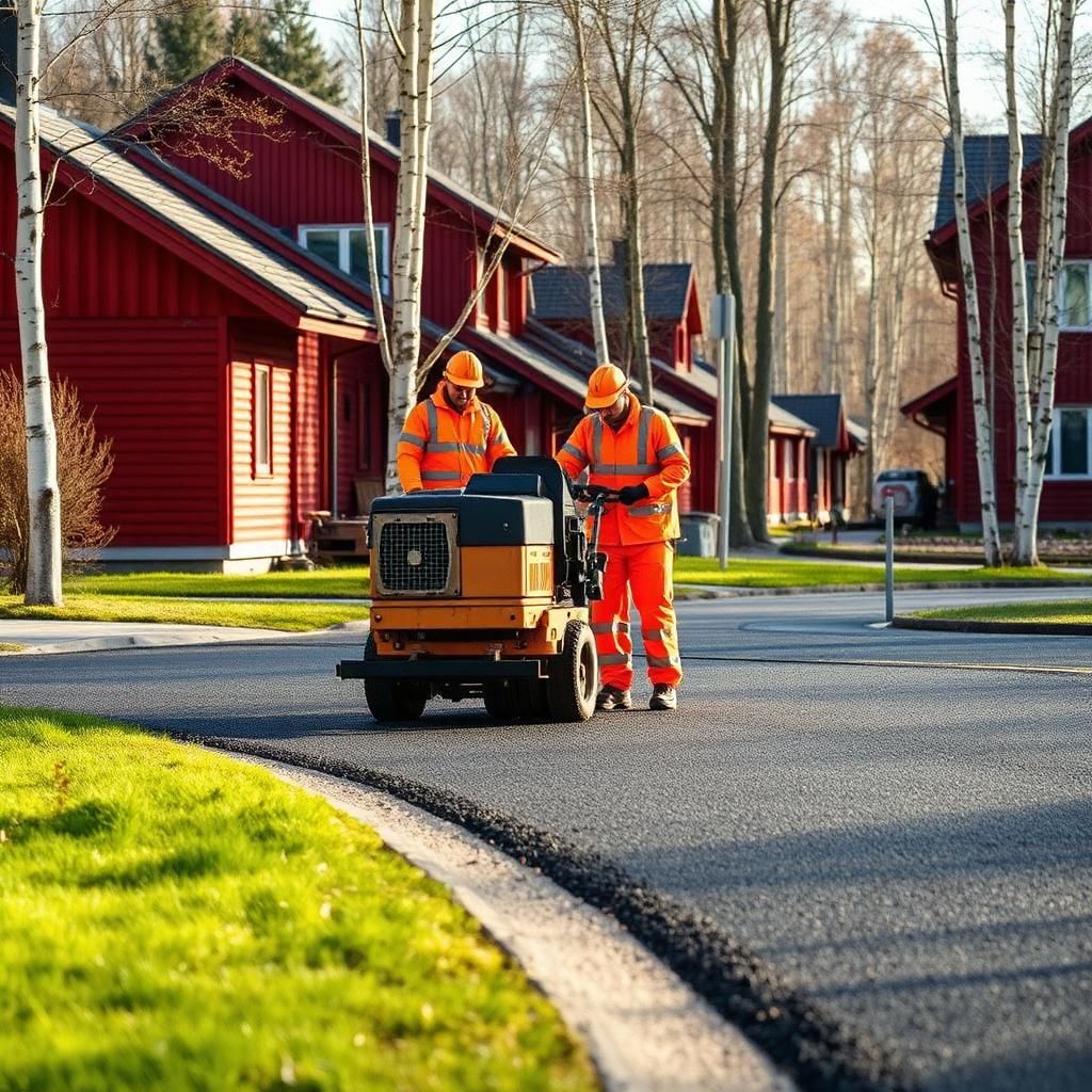 Asfaltläggare i arbete – utläggning av varmasfalt